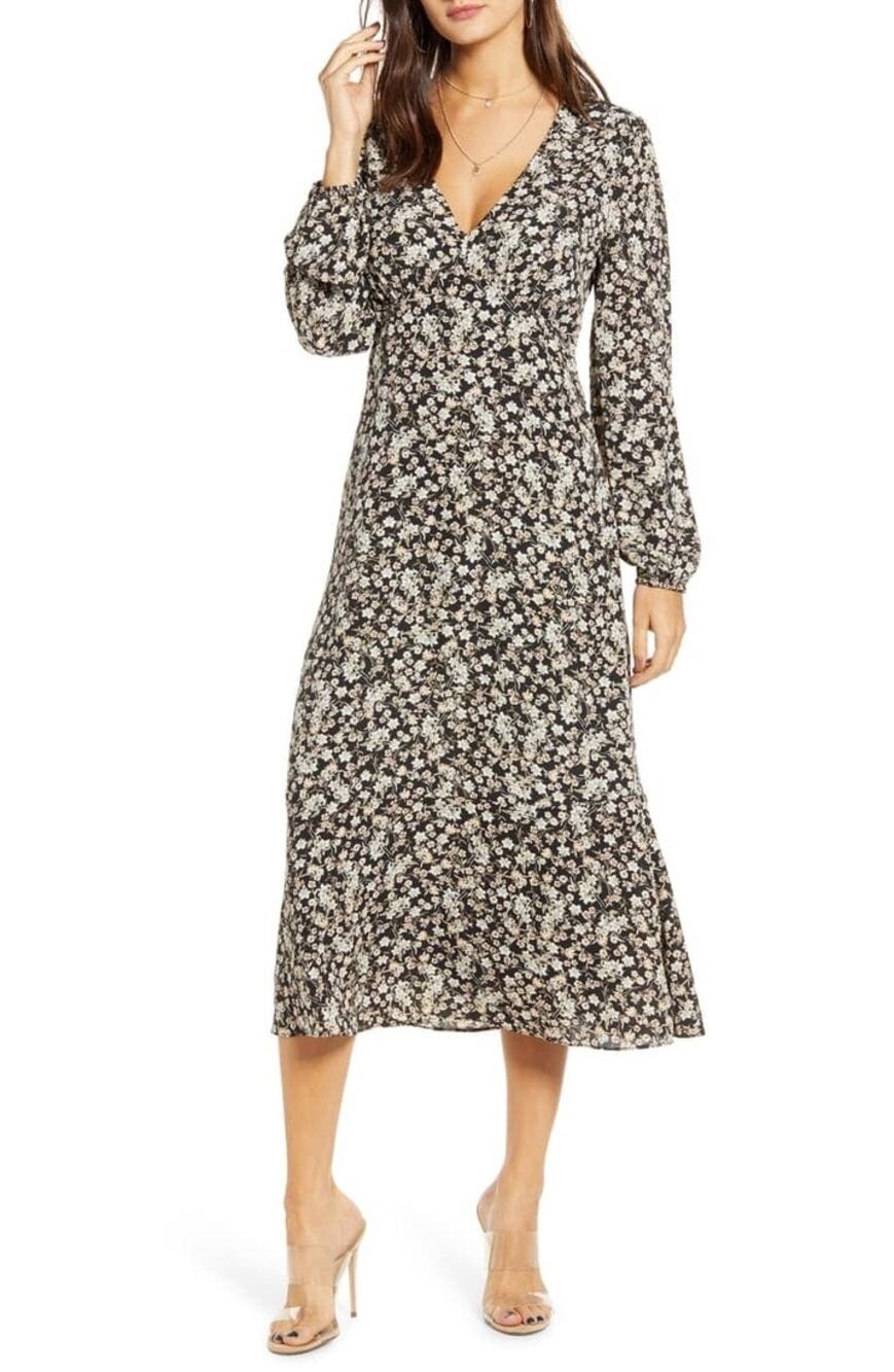 All in Favor Floral Midi Dress Womens M Babydoll Dark Fairy Cottagecore Boho